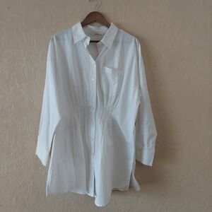 Zapelle White Burton Up Tunic Shirt Pleated Defined Waist Stretch Cotton Sz 1X